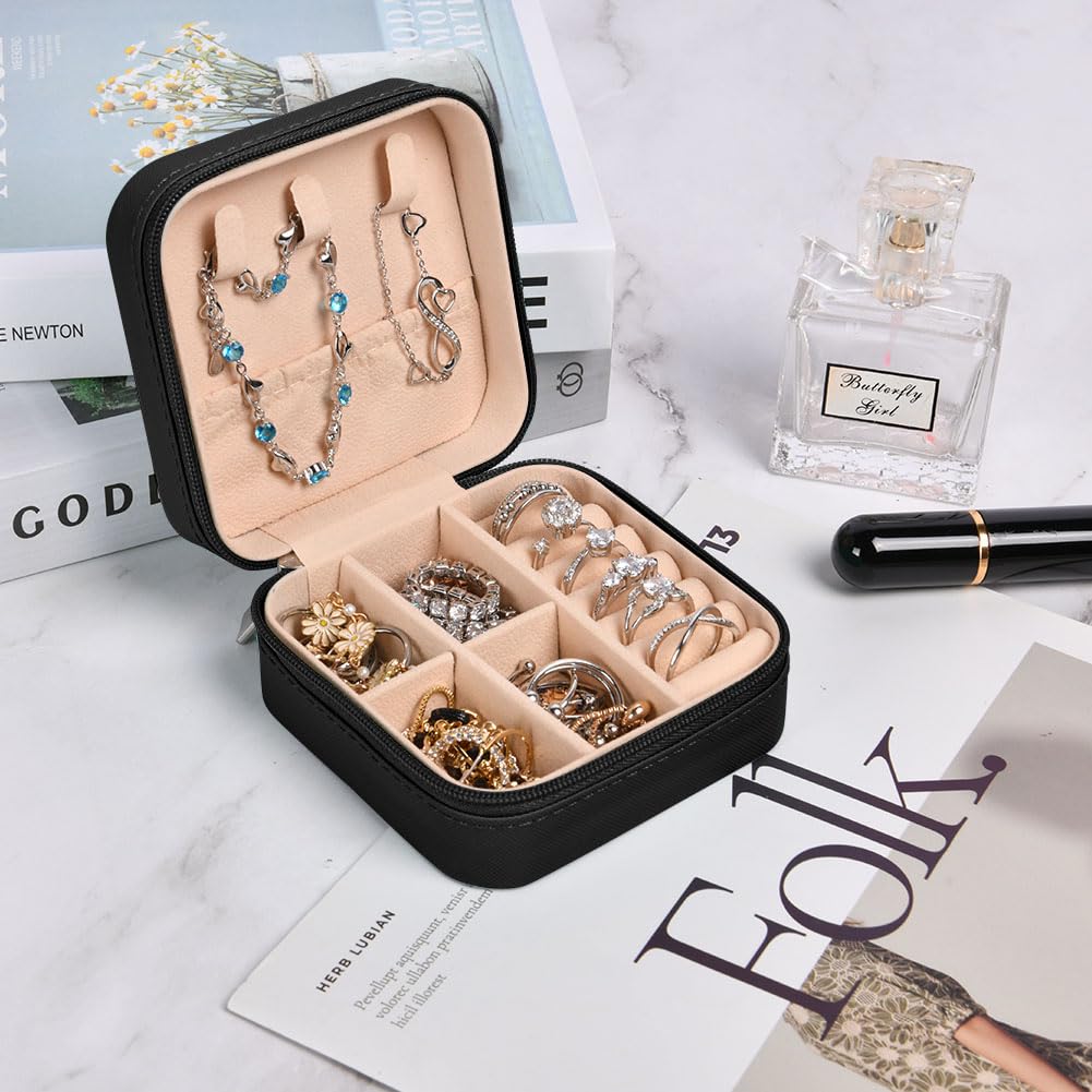 Aucuu Sieradendoosje voor Dames, Reissieradenetui Van Leer, Juwelenkistje Reizen Vintage Design, Sieraden-Reisetui voor Dames, Reissieradenetui voor Ringen, Oorbellen, Halskettingen, Cadeau (Zwart