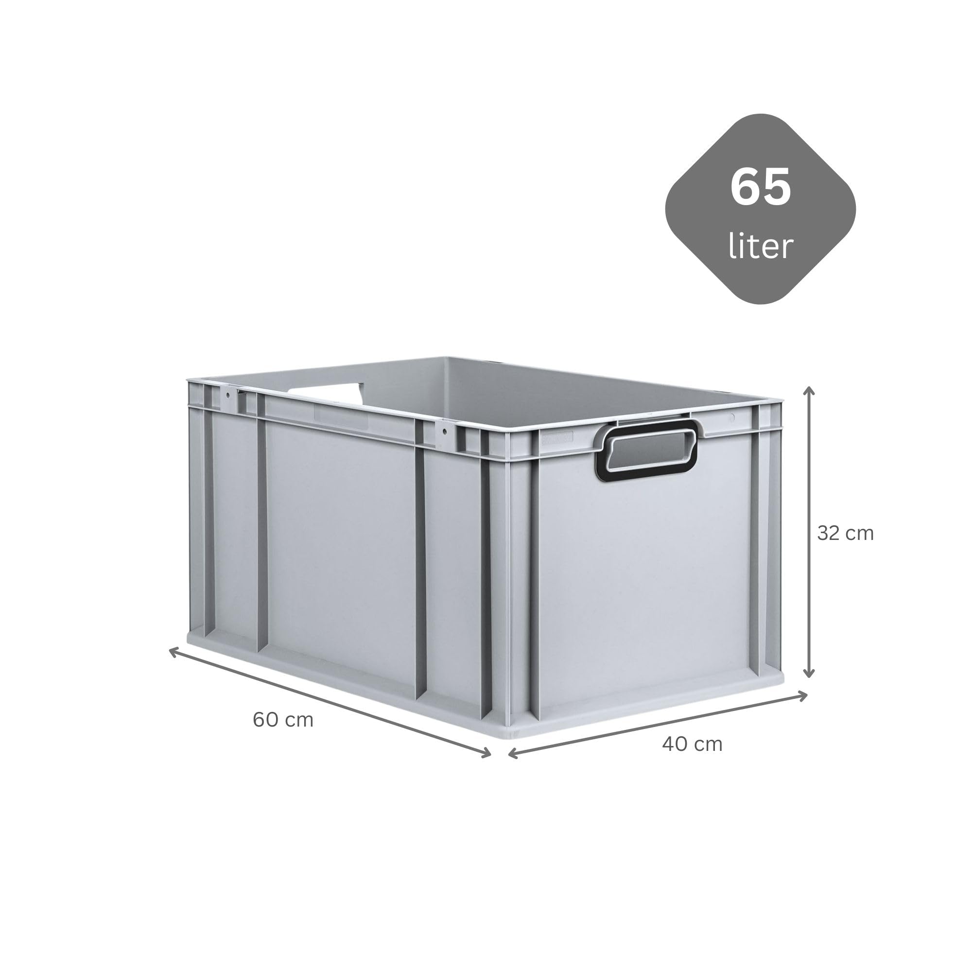 PROREGAL Eurobox NextGen Color | HxBxT 32x40x60cm | 65 Liter | Griffe schwarz offen | Verstärkter Boden | Grau | Eurobehälter, Transportbox, Transportbehälter, Stapelbehälter