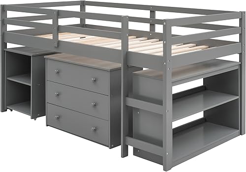 Miniatura 6 de Cama tipo loft individual con escritorio de estudio bajo cama tipo loft para niños con cajones de almacenamiento cama tipo loft baja para niños cama