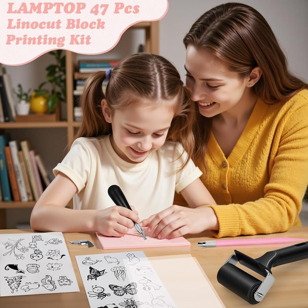Kit de Impresión en Bloque de Linóleo con de de 47 Piezas, Conjunto Completo de Fabricación de Sellos para Principiantes, Artistas, Manualidades DIY.