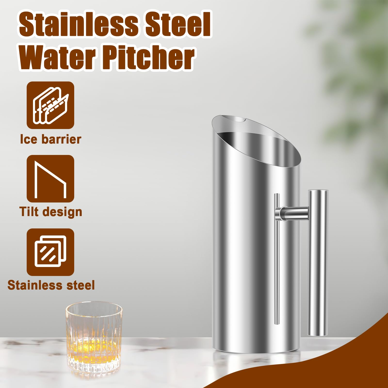 Stainless Steel Water Pitcher with Ice Guard and Handle 1L/1.5L/2L Ergonomic Handle Streamlined Coffee Pitcher Water Pitcher Jug Carafe (1L)