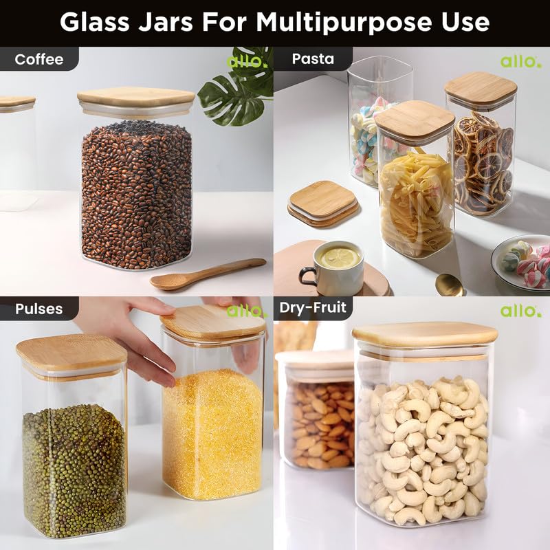Image of Allo 1000ML Kitchen Storage Box Glass Jars With Wooden Lids - Borosilicate Glass Food Storage Containers Airtight Glass Jar For Tea, Coffee, Spice, Pulses, Masala (Square Glass Jar - Set of 6)