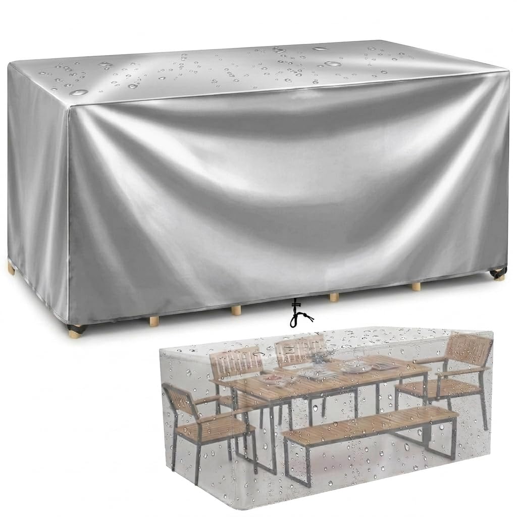 ZDLLDZ Premium Outdoor Garden Table Cover 295x175x115 cm | All-Weather Waterproof Patio Furniture Cover | 420D Heavy Duty Oxford, Windproof & Anti-UV Protective Cover, Silver
