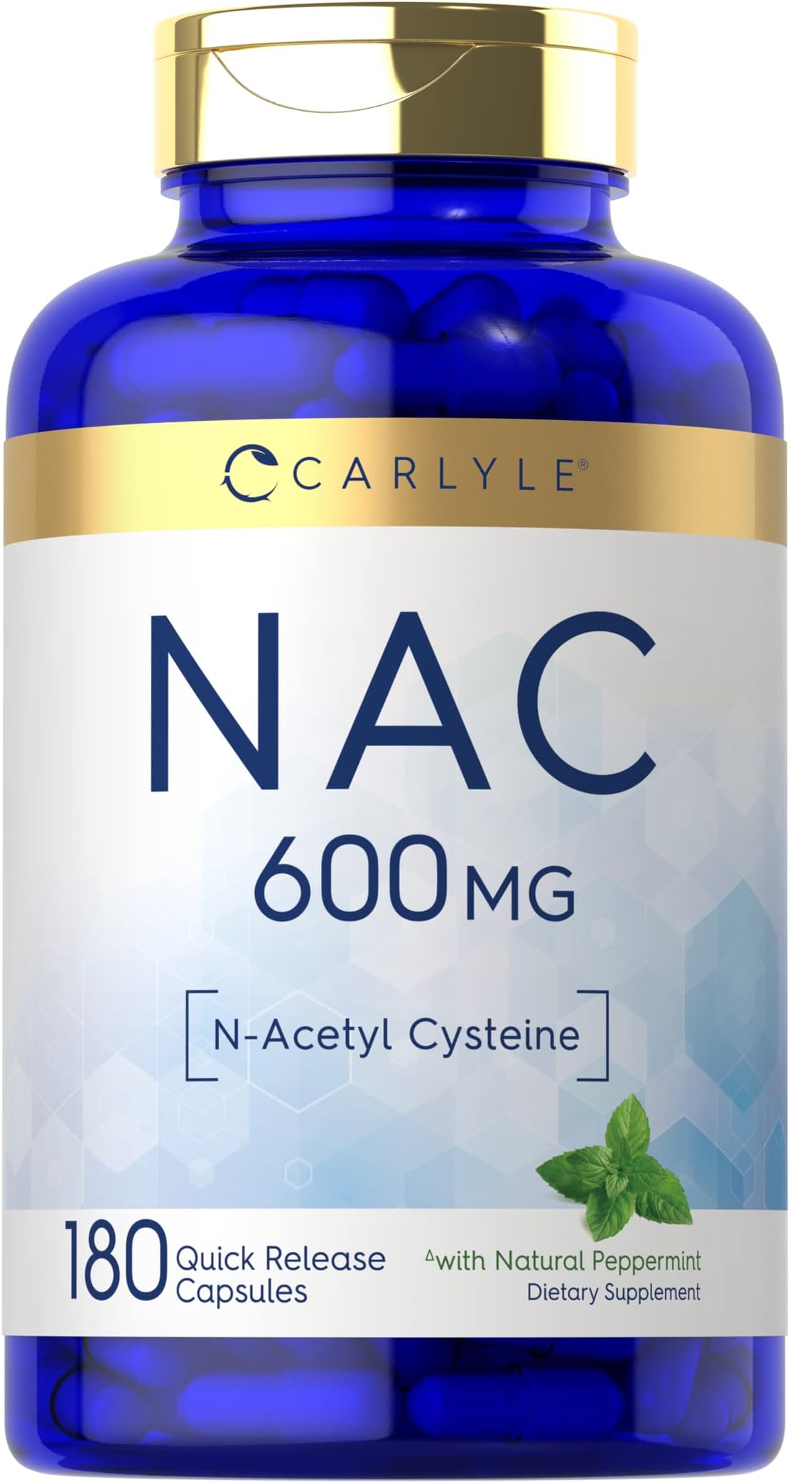 Carlyle NAC N-Acetyl Cysteine 600mg | 180 Capsules | with Peppermint | Free Form Supplement | Non-GMO, Gluten Free
