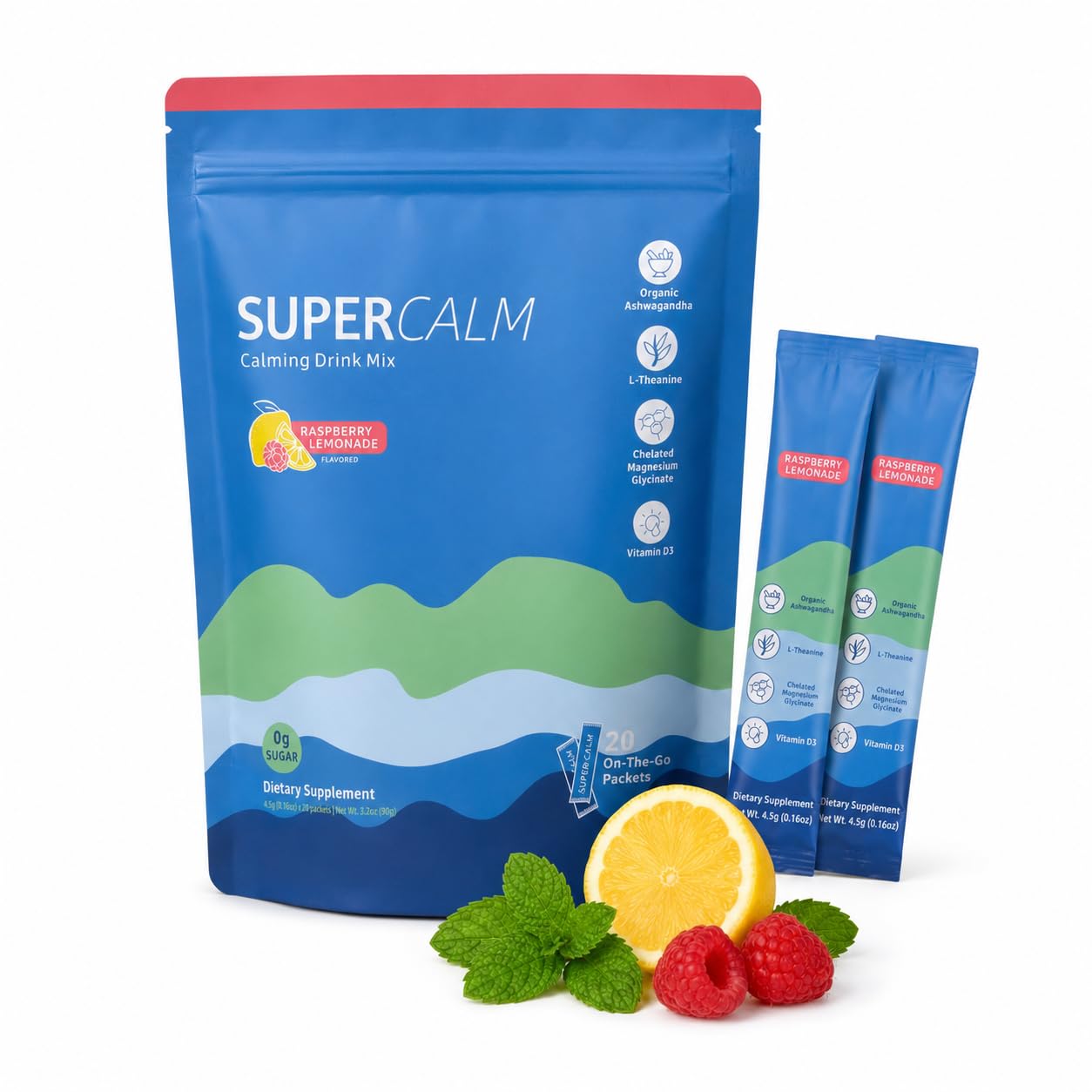 SuperCalm Cortisol Anti Stress | Formule Ashwagandha, L-Theanine + Magnésium Glycinate & Vitamine D3 | Apaise le stress quotidien | 0 Sucre Goût Framboise 100% naturel | Routine simple et agréable