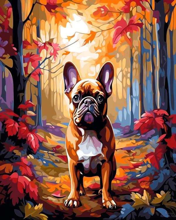 ZMHZMY Paint by Numbers French Bulldog Autumn Scenery Canvas DIY Oil Painting for Adults Beginner with Brushes and Acrylic Pigment- 16