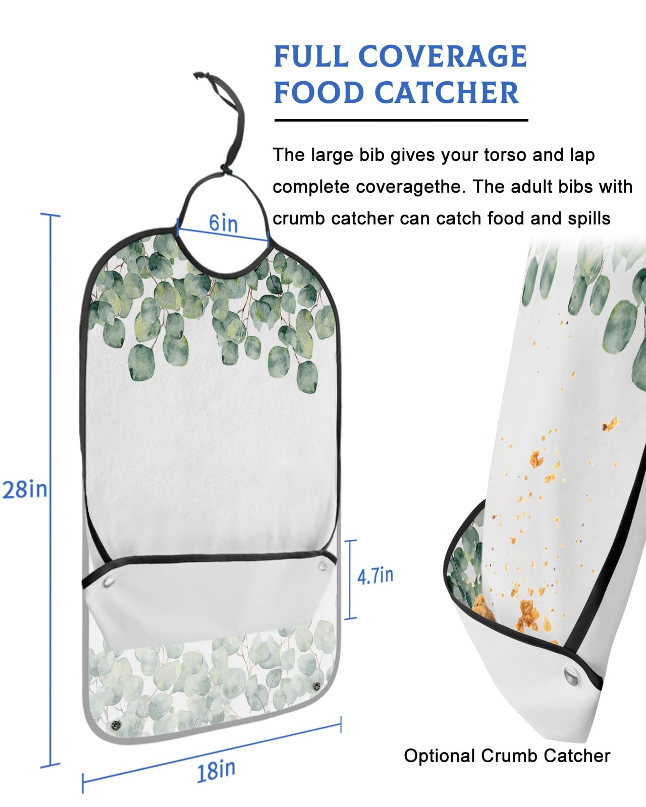 Summer Tropical Leaves Adult Bibs for Eating, Waterproof Bibs with Food Catcher & Adjustable Snap Closure, Teal Leaf Farmhouse Rustic Washable Clothing Protectors Adult Bibs for Elderly Women/Men