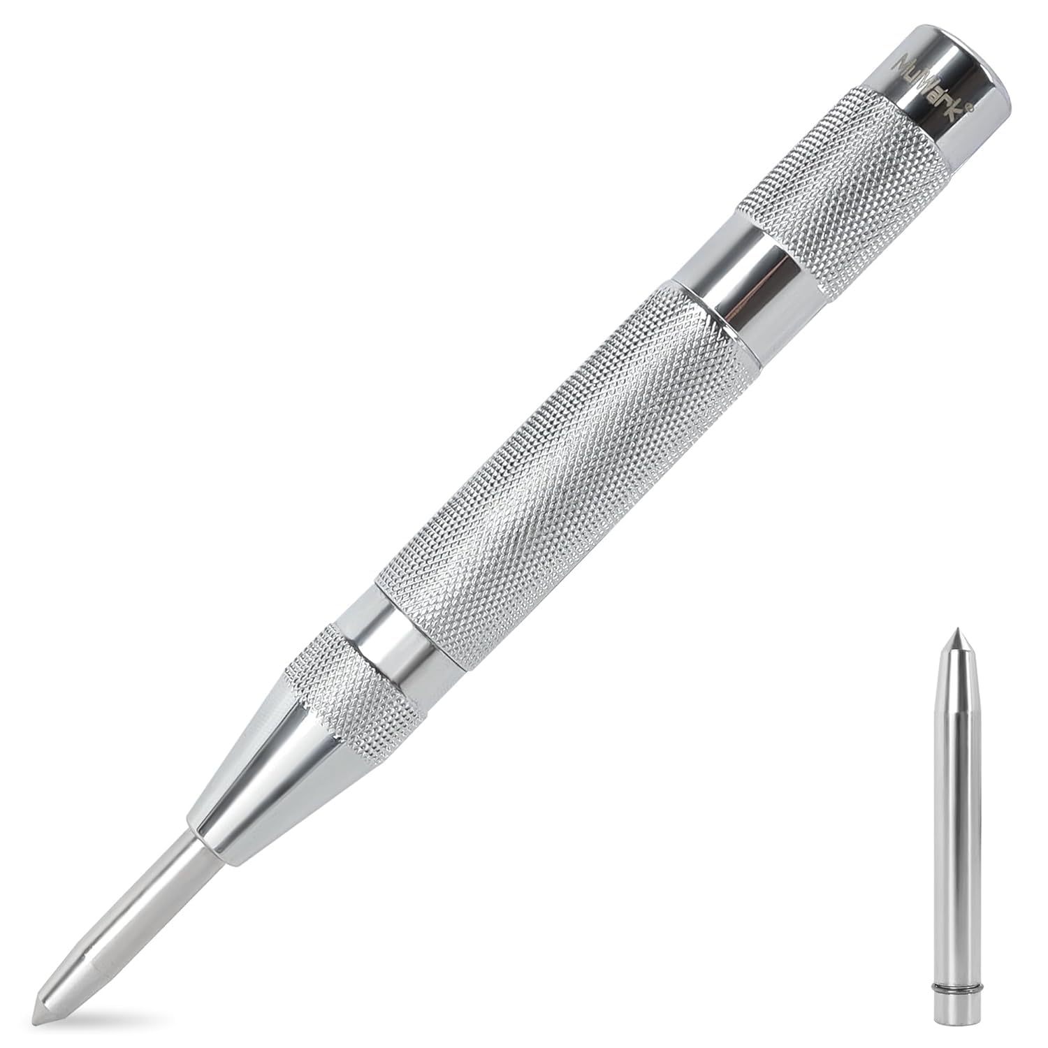 MulWark 6" Automatic Center Punch for Metal - Spring Loaded Center Punch Tool with Extra Replacement Tip - Adjustable Impact One-Handed Spring Punch for Wood, Plastic, Stainless Steel, Silver