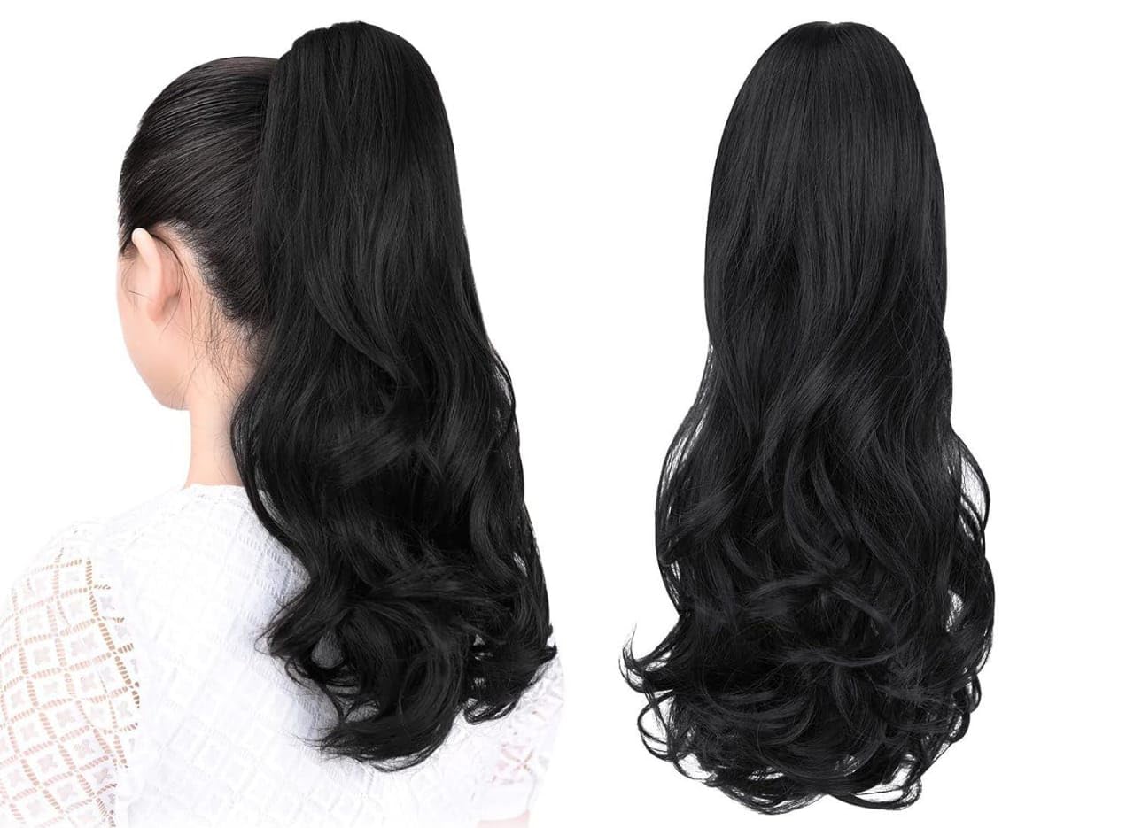 HAIR WALA™ Ponytail extension,16 to 18" claw clip hair extensions Wavy and curly hair Extension Natural Looking Ponytail for Women Black, Black Color, Matte Finish
