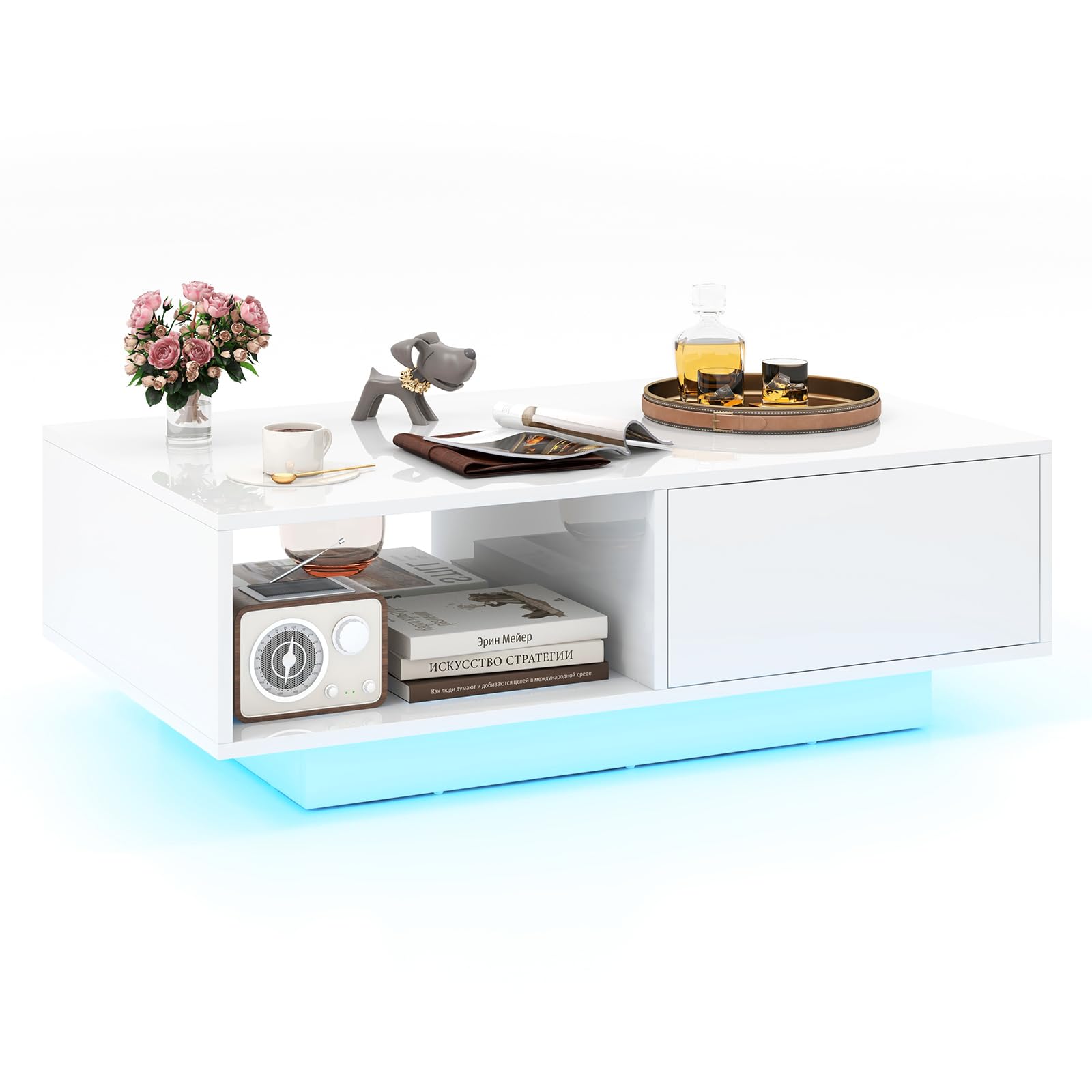 RELAX4LIFE Tavolino da Caffè Moderno 95x55x31cm, con 20 Luci LED Regolabili e Telecomando, in Legno con Finitura Lucida, Cassetto a Pressione e Ripiano Aperto, per Soggiorno, Max 65kg (Bianco)