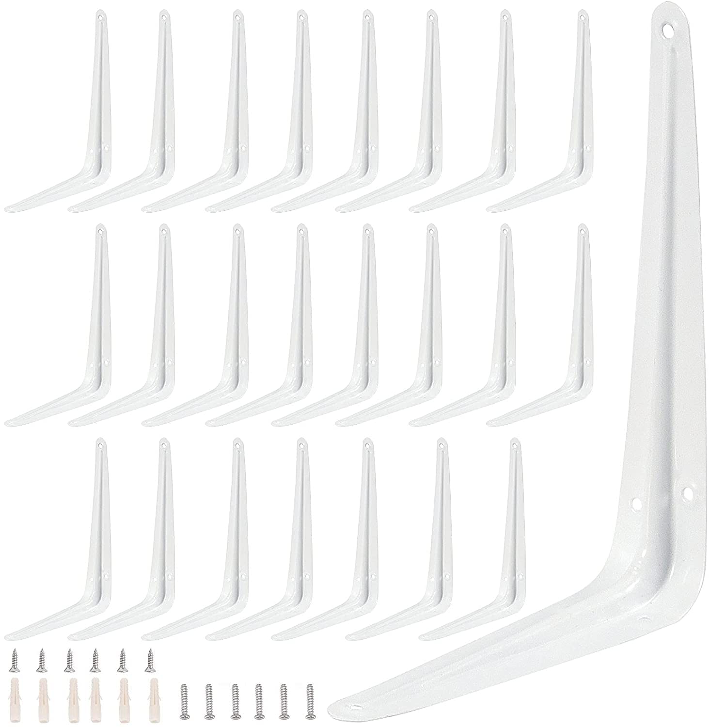 ZOENHOU Lot de 20 équerres d'étagère blanches de 20,3 x 25,4 cm, support en L robuste avec 120 vis et 60 tubes d'extension, équerre murale en métal pour étagères murales à suspendre