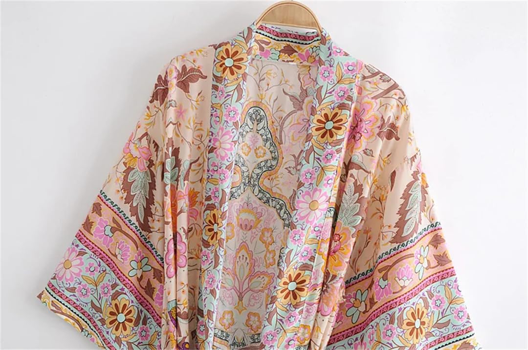 Disimlarl Kimono da donna con stampa a pipistrello, da spiaggia, stile bohémien, con scollo a V, fascia per bikini