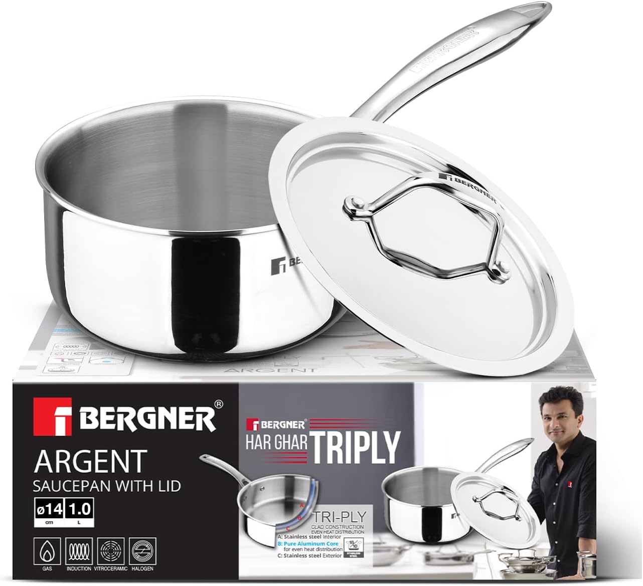 Bergner Argent Triply Saucepan with Stainless Steel Lid, 14cm (1 L) Teapan/Milkpan, Stay Cool Cast Handle, Food Safe, Healthy Cooking, Durable, Easy to Clean - Induction and Gas Stove Ready