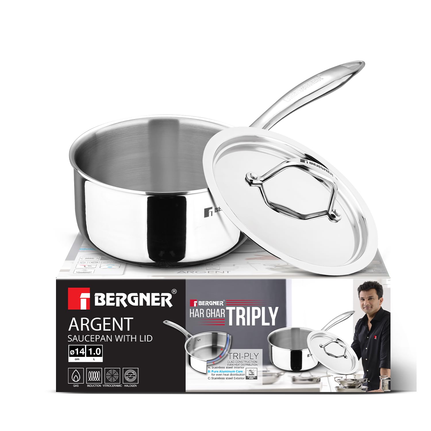 Bergner Triply Argent Stainless Steel Saucepan with Lid (2.2 ltr)