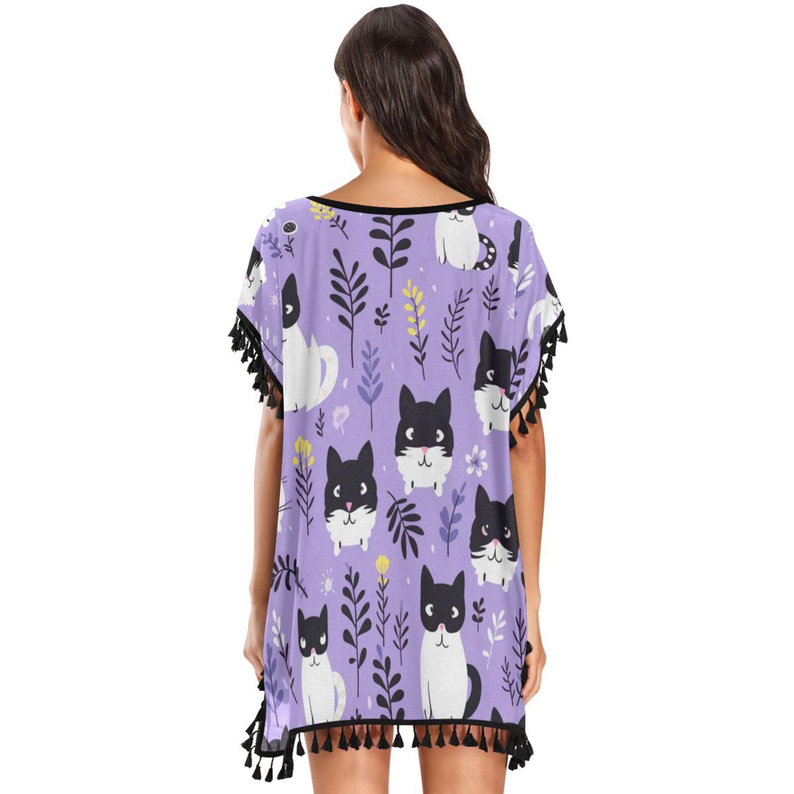 Purple Background Cats Women's Beach Cover Up Chiffon Tassel Swimwear Swimsuit Coverups for Girl