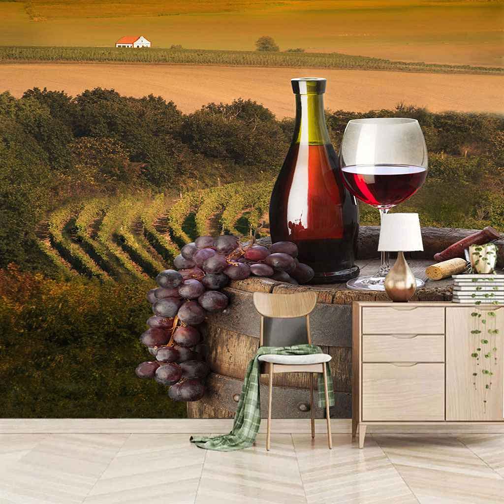 Murales auto-adhésif 3D paysage de vignoble pour masquer un mur blanc de salon