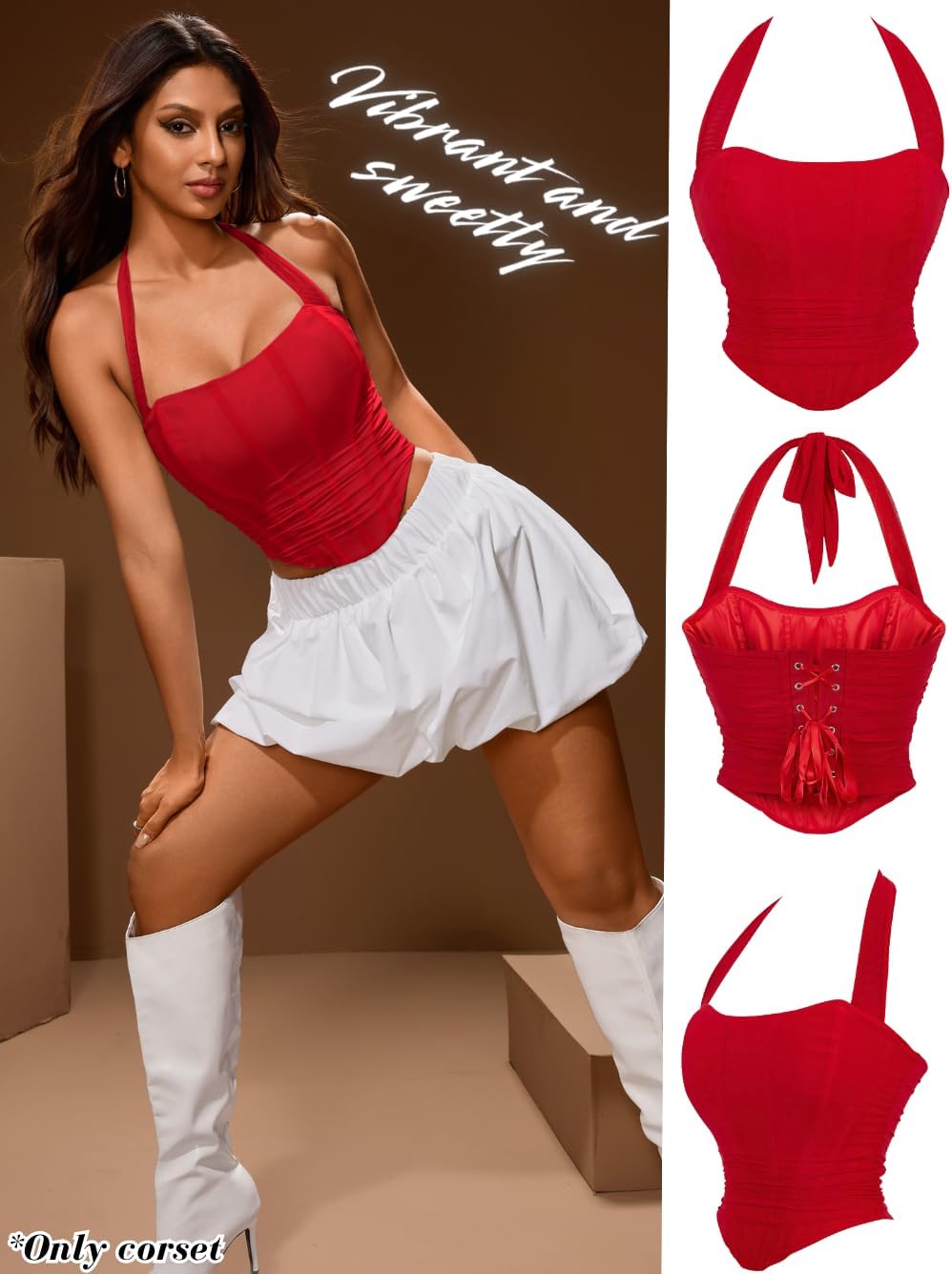 ChiaoLezhee Women's Halter Mesh Corset Crop Top, Ruched Asymmetrical Hem, Boned Lace-Up Bustier for Going Out Fit Sizes 00-14