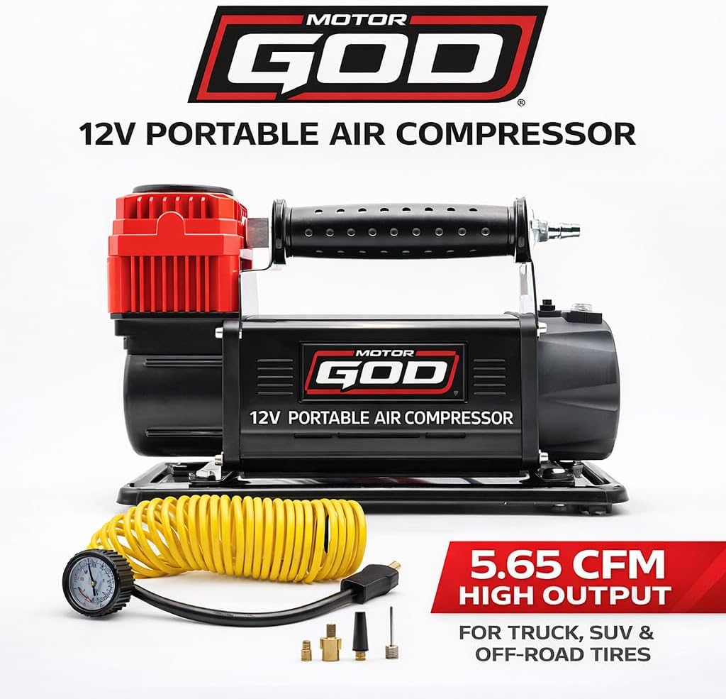 12V Portable Air Compressor – 5.65 CFM Heavy-Duty Tire Inflator for Truck, SUV & Off-Road Vehicles – 150 PSI Battery Clamp Air Pump with Gauge & Storage Bag