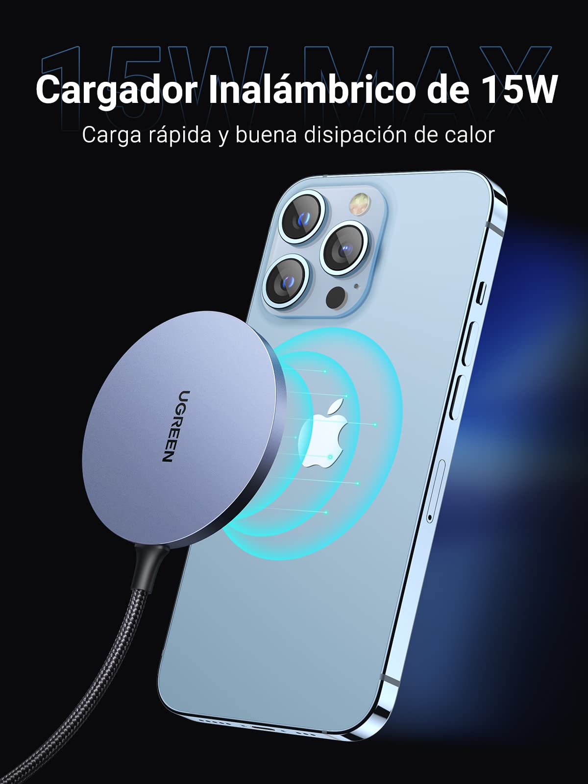 UGREEN Cargador Inalámbrico Magnético Cargador de Inducción Qi Wireless Charger 15W/10W/7.5W/5W Compatible con iPhone 13 Pro MAX Mini 12 Pro MAX Mini Galaxy S21 S20 S10 Note 20 Xiaomi Mi10 AirPods Pro
