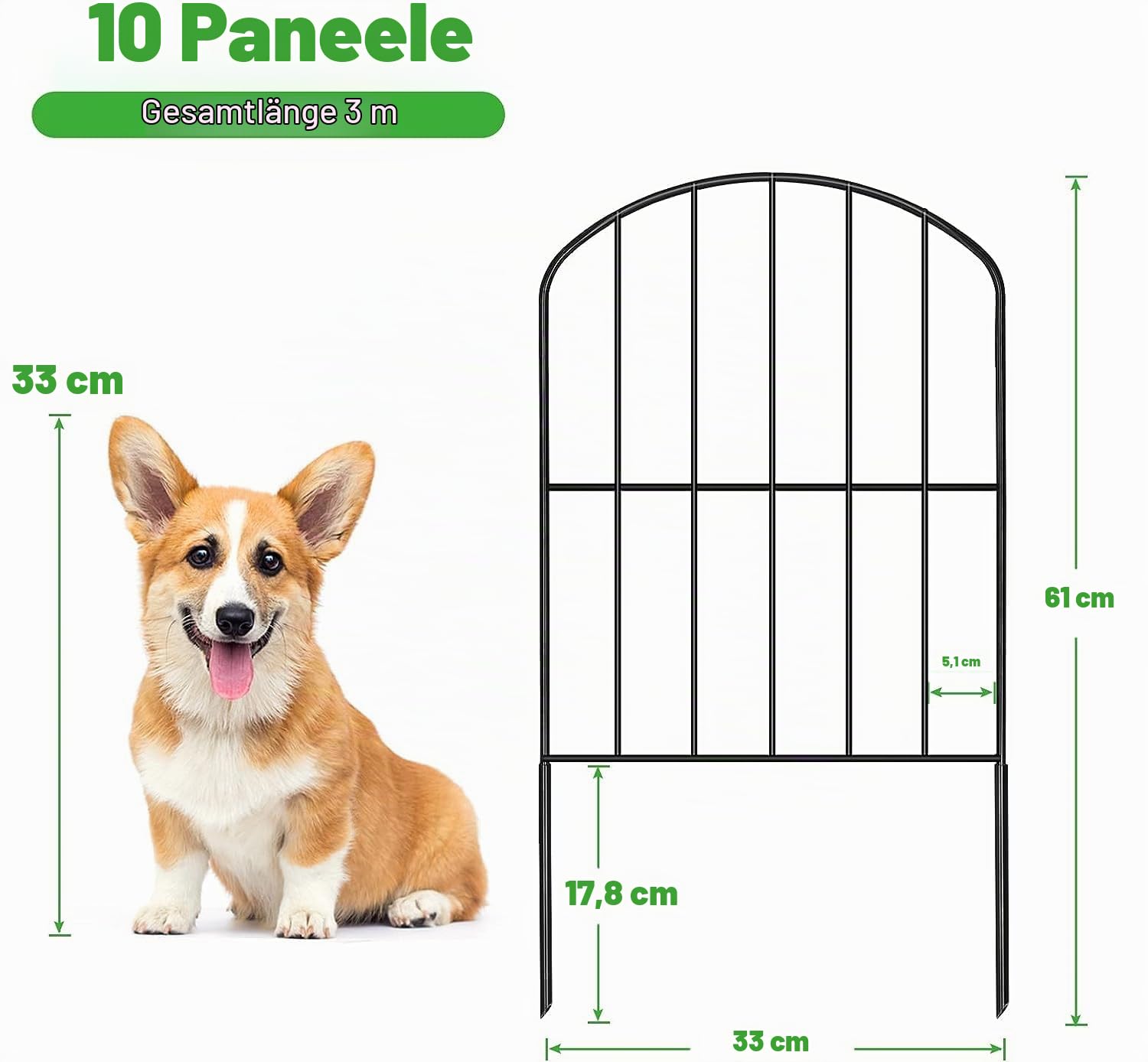 HEYOUTH Dekorativer Gartenzaun aus Metall,Rasenkante Steckzaun für Hunde,Set of 10 Teichzaun,330 * 61CM,Gartenzaun Beetumrandung,Schöner Dekozaun,für Blumenbeete, Bäume, Tierbarriere