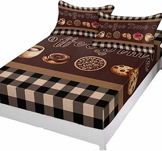 Queen Fitted Sheet, Coffee Time Text Theme Soft Brushed Microfiber Deep Pocket Bed Sheets Set, Farmhouse Brown Buffalo Plaid Breathable Bottom Sheets with Pillowcase,Fits Mattress Up to 16"