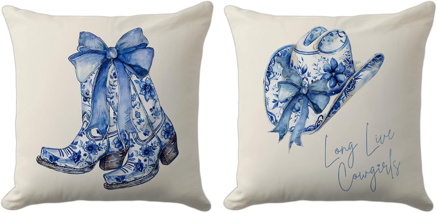 Western Pillow Covers 18x18 Set of 2 – Blue Floral Cowboy Boots and Hat Throw Pillow Cases with Bows – Farmhouse Country Cushion Covers for Rustic Ranch or Rodeo Decor (Beige)