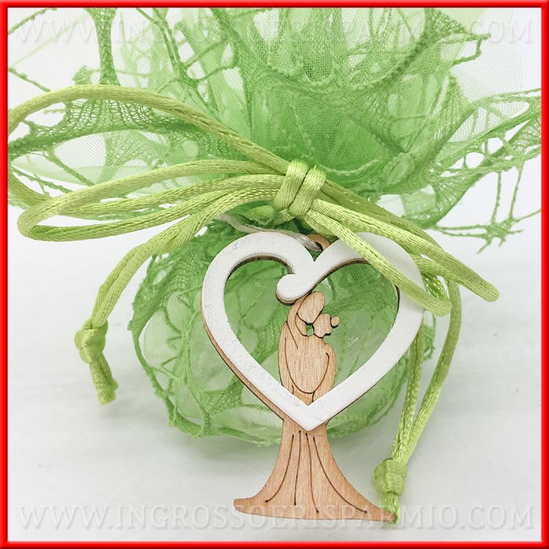 Kit De 12 Applications En Bois En Forme De Cœur Avec Jeunes Mariés Stylisés Au Centre Représentés Lors De L'échange D'un Baiser, Marque-Place Utile Pour Mariage