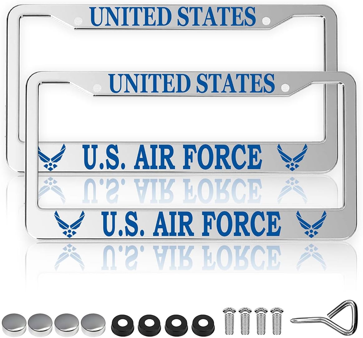 2pcs for US Air Force Veteran License Plate Frames – Silver Aluminum – 12.5’ x 6.5’ USAF License Plate Holder Covers