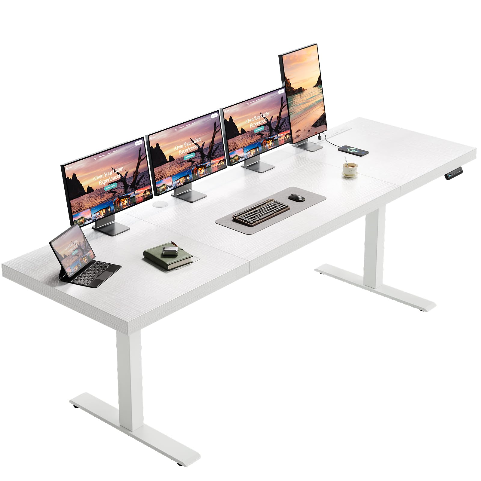 OffiGo 79 Inch Executive Electric Standing Desk, Height Adjustable Desk with Power Outlet & 1.38" Thick 3-Piece Desktop, Sit Stand Computer Desk for Home, Office, Conference Room, White