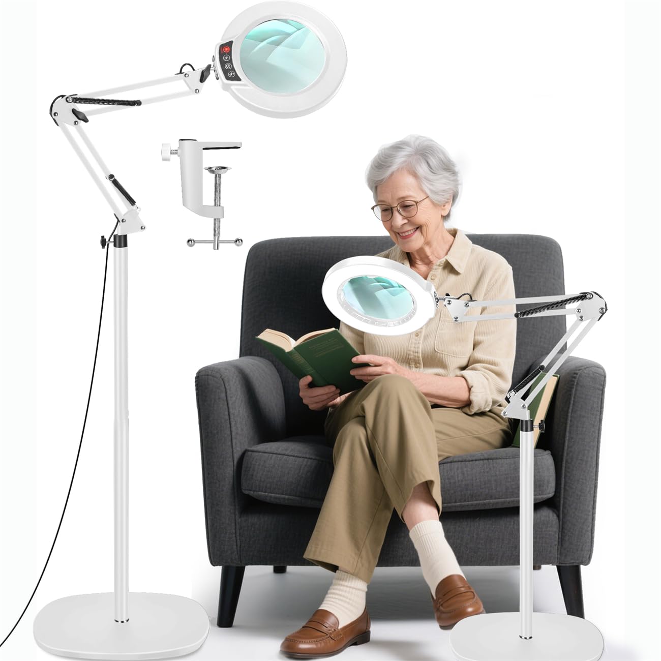 MagnieOpti 12X Stehlampe Lupe mit Licht und Ständer, 3-in-1 Flexible Schwenkarm Boden LED Lupenleuchte, 5 Farbmodus Stufenlos Dimmbar Leselupe, Freisprech Vergrößerungsboden zum Senioren Hobby - Weiß