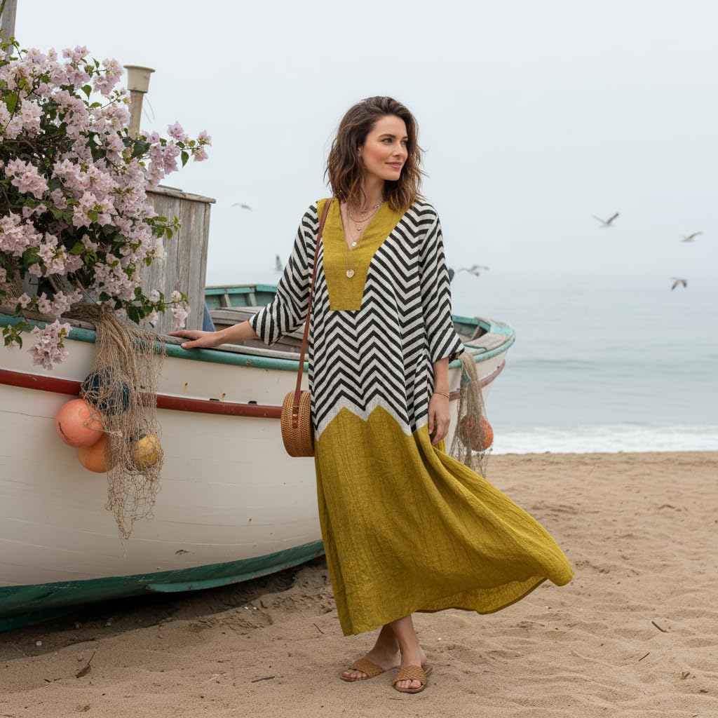 Akivide Women's V Neck Boho Floral Linen Maxi Dress Casual Plus Size Long Sleeve Beach Vacation Tunic Dresses with Pockets - Image 2