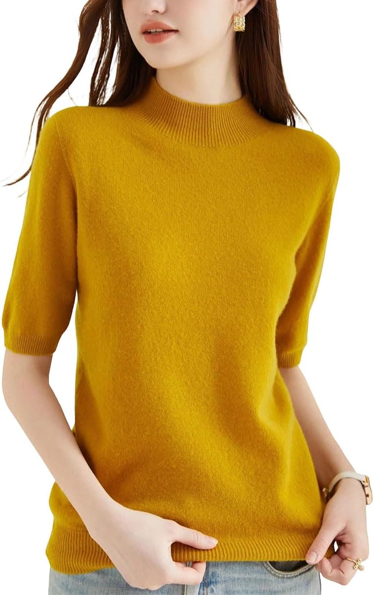 Women's Turtleneck Short Sleeve Sweater 100% Merino Wool Pullover Knit Top Casual Jumper