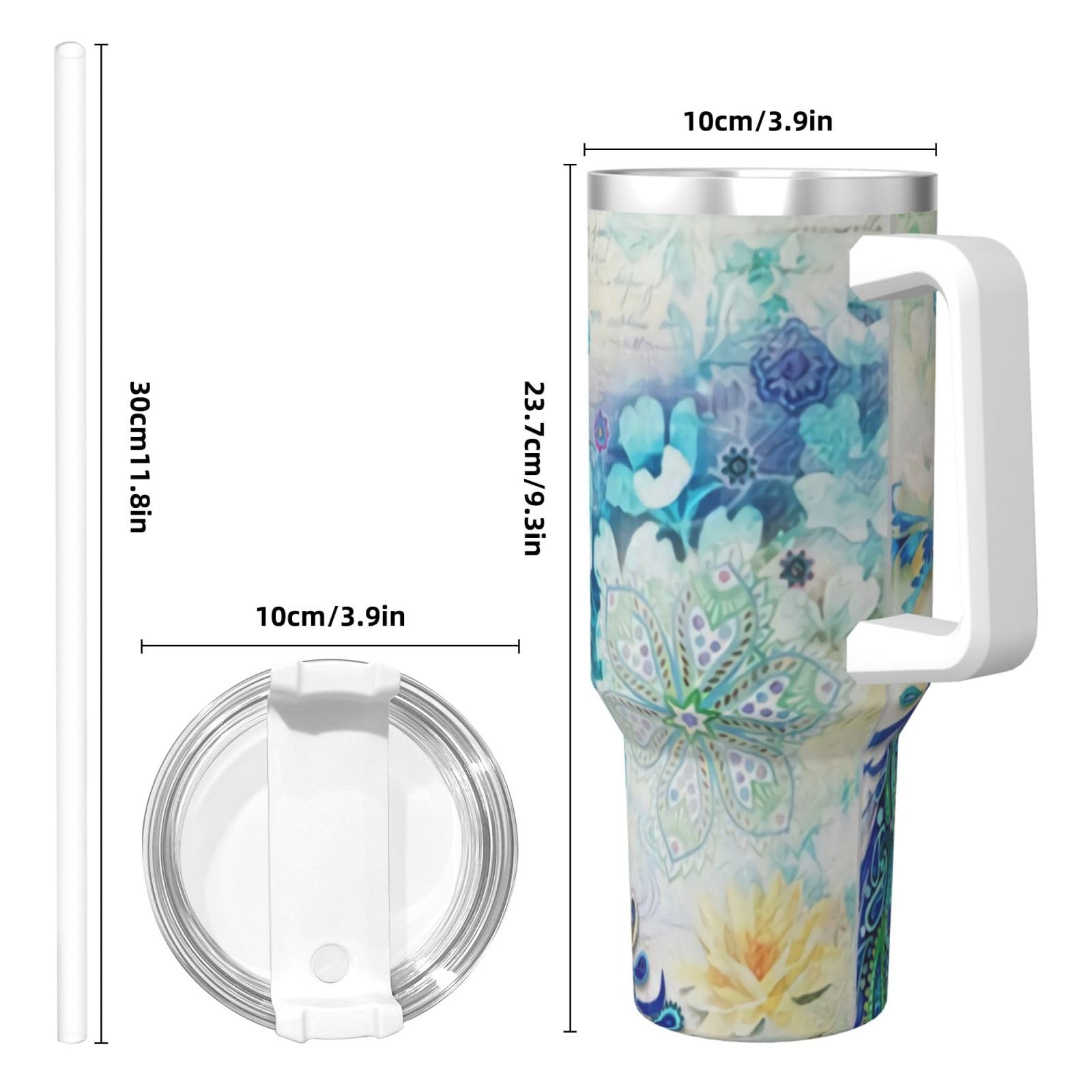 PTONUIC Vaso de pavos reales y flores de 40 onzas con asa y tapa con popote, taza aislada reutilizable de acero inoxidable, botella de agua, taza de viaje, apta para portavasos, regalos para mujeres y