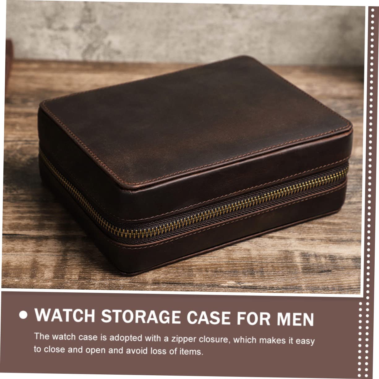 FOMIYES Estuche de Cuero para Reloj 4 Ranuras, Viaje y Orden | Acabado Vintage, Cierre Cremallera, Diseño Delgado, Tono Café, Compartimentos Laterales