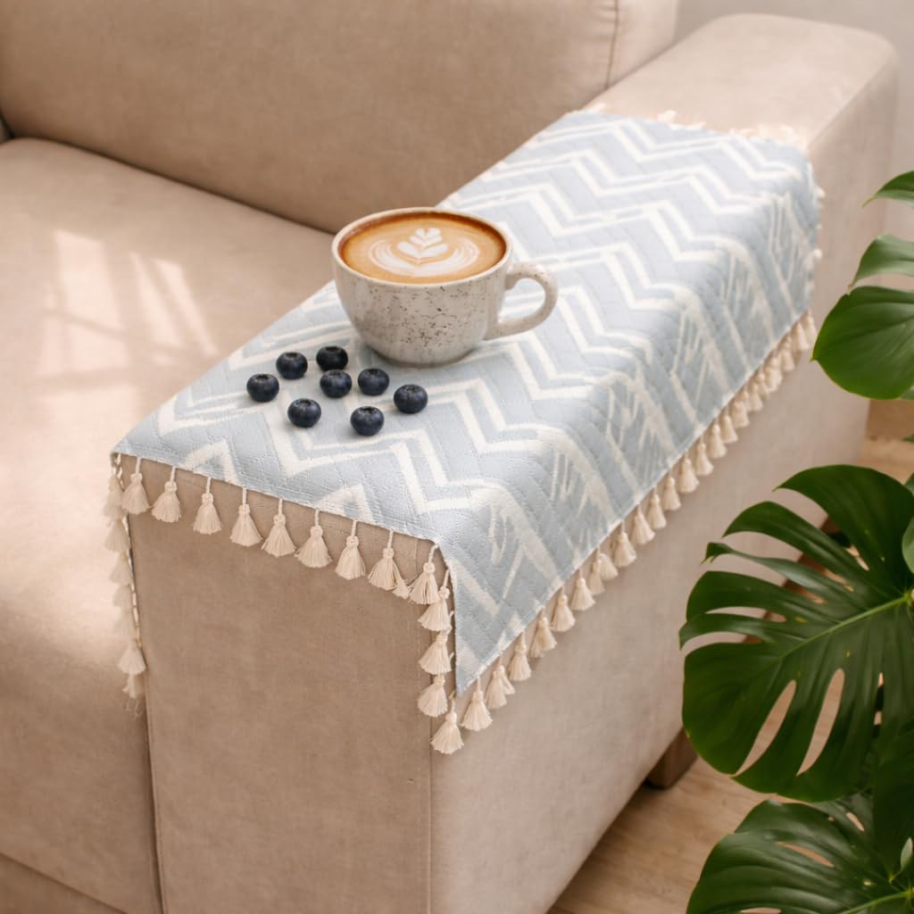 STITCHNEST Printed Quilted Sofa Arm Cover with Tassels | Stylish Hand Rest Protector | Soft & Durable | 18 x 22 Inches