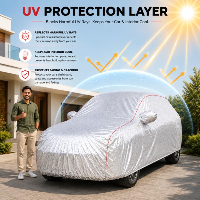 Image of Premium Car Cover for Citroen C3 Model | Waterproof, UV & Dust Protection | Mirror & Antenna Pocket | Triple Stitched, Soft Inner Lining, Belt & Buckle (Metalic Silver)