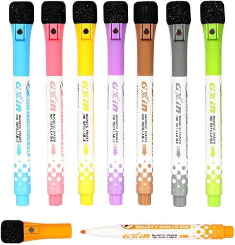 YEVEETTE Marcadores magnéticos de borrado en seco, marcadores de pizarra blanca con borrador, marcadores de pizarra blanca de bajo olor, punta fina