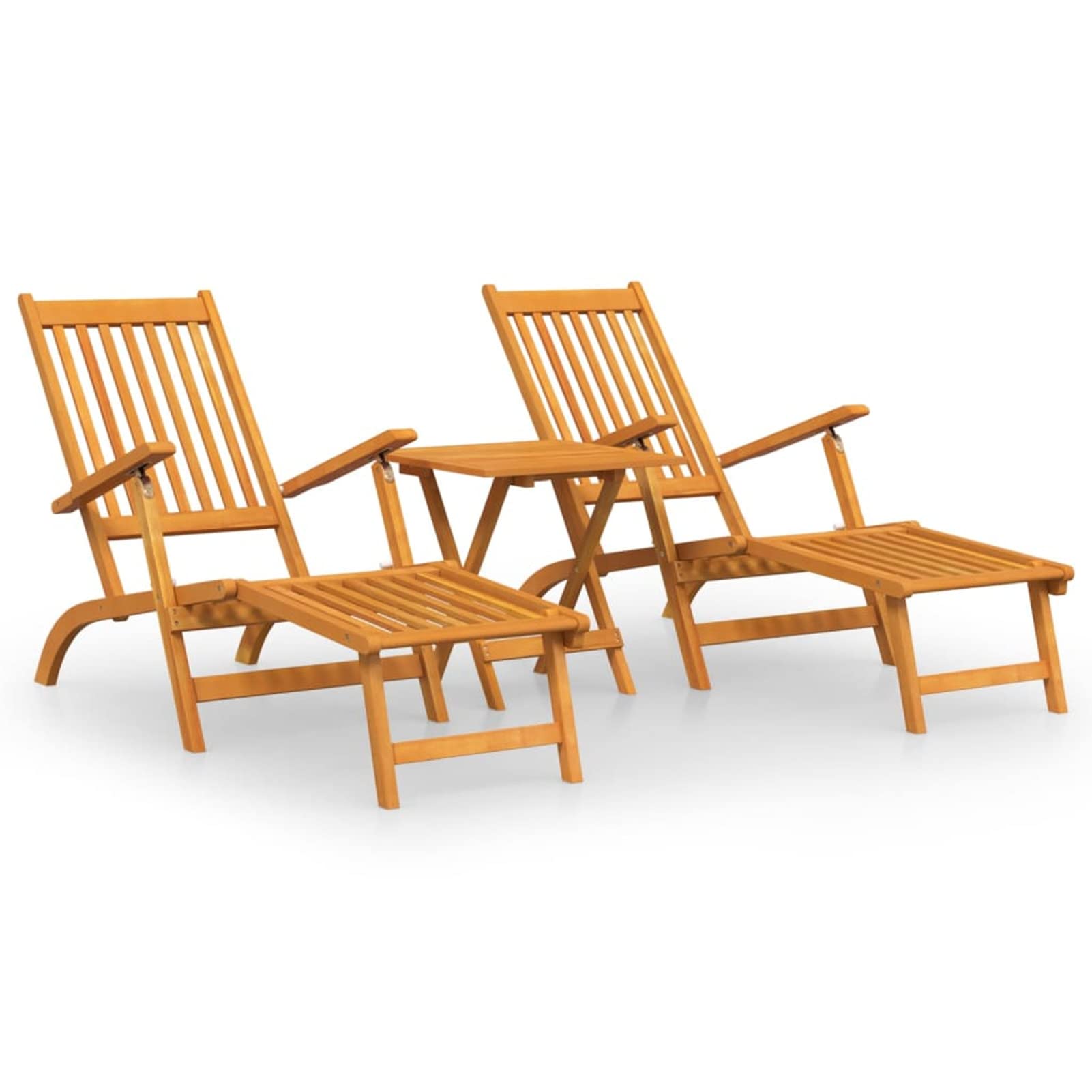 Homgoday Chaises Longues d'extérieur Repose-Pieds et Table Acacia Solide, Bain de Soleil de Jardin Dossier Réglable, Lit de Camping Transat de Relax pour Plage, Extérieur, Balcon, Terrasse