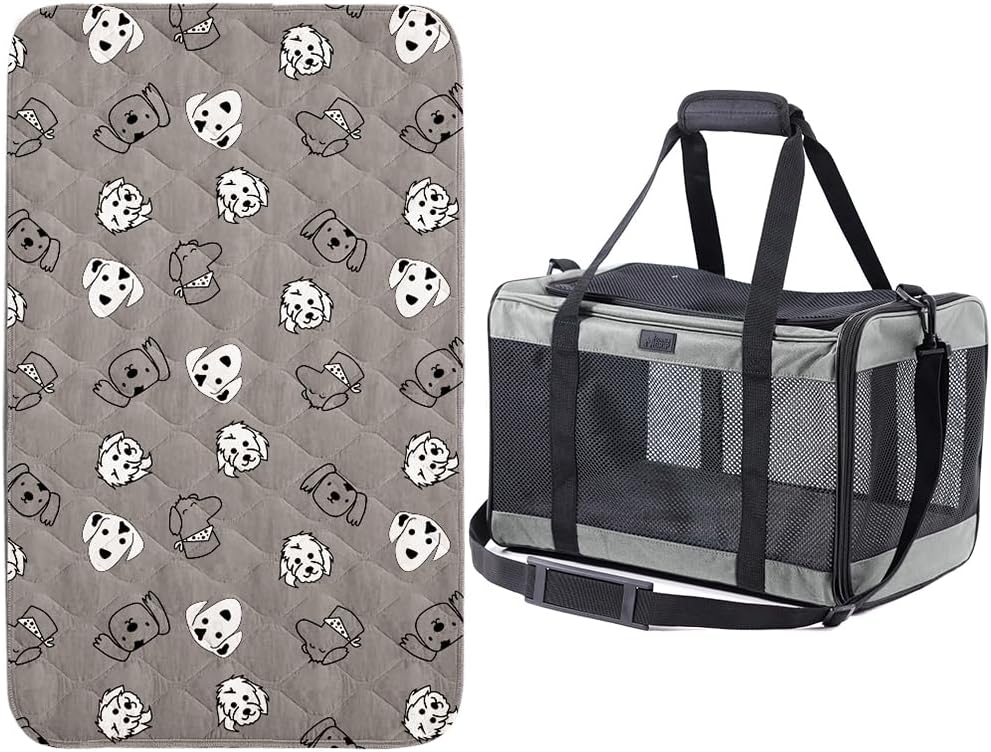 GORILLA GRIP Washable Pee Pads, 40x26, Dog Faces 40x26 and Cat Carrier, 17x11x11, Gray Bundle