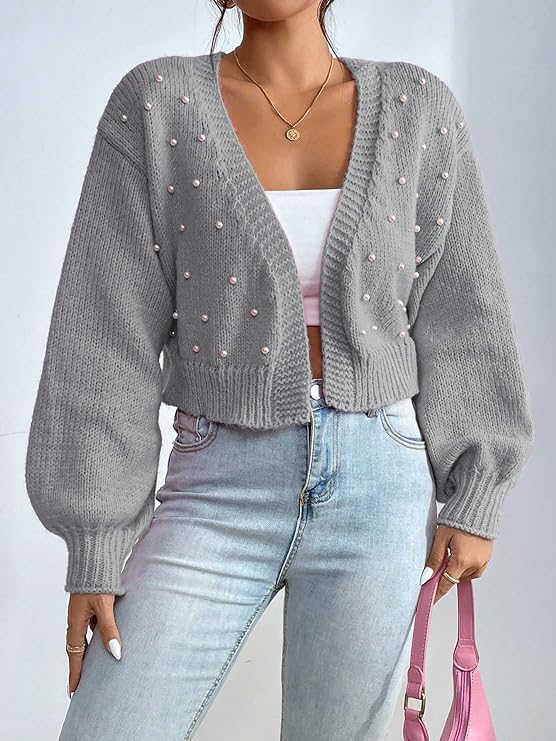Image of SHENHE Women's Pearl Beaded Open Front Cardigan Oversize V Neck Drop Shoulder Cropped Sweater