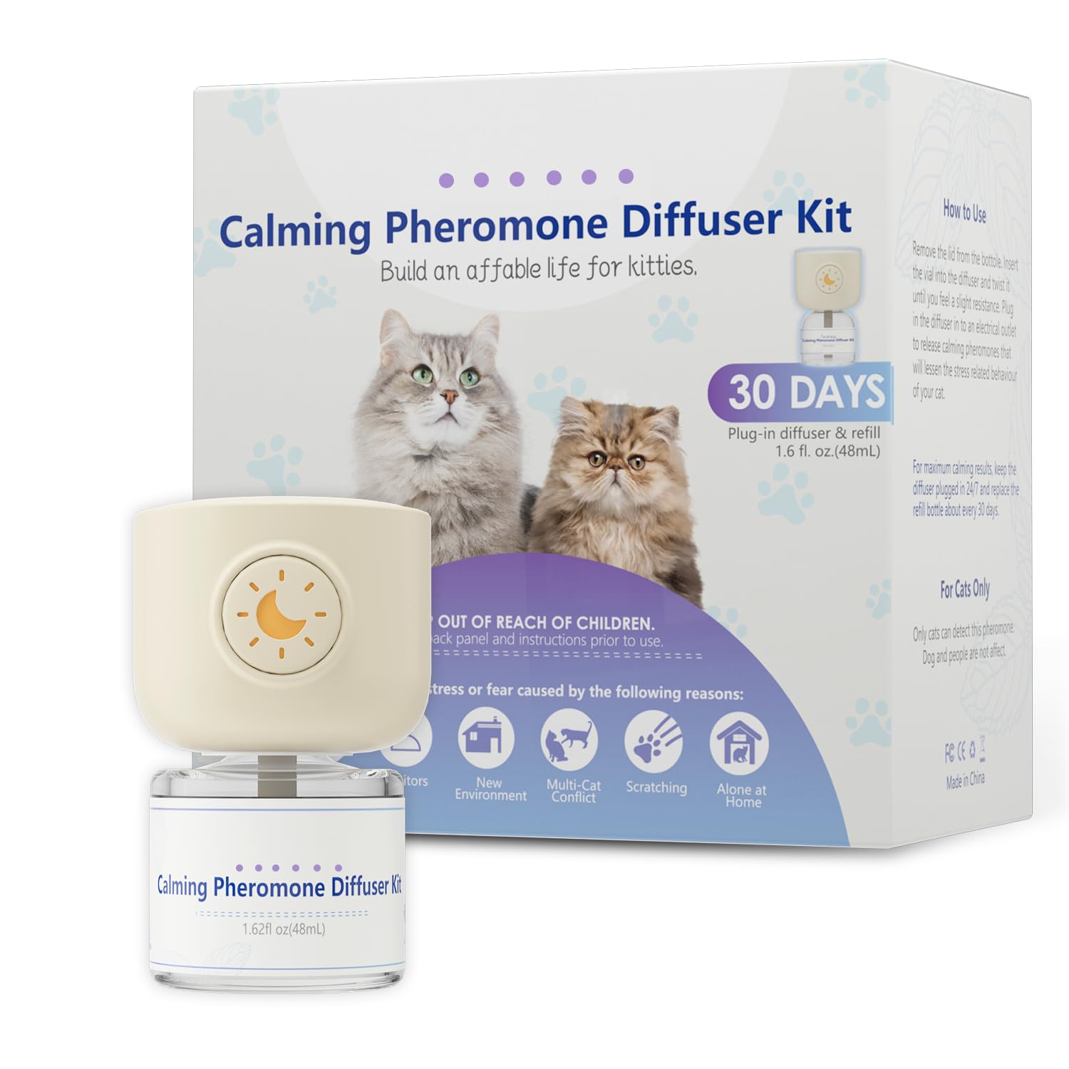 Cat Pheromones Calming Diffuser, 2 in 1 Cat Calming Starter Kit (Diffuser Head + 48mL Vial), Effectively Relieve Anxiety Stress Cat Calming Diffuser, Cat Pheromones for Cat Anxiety Relief