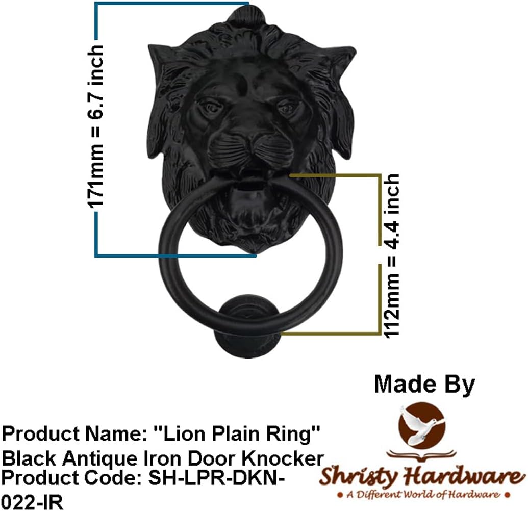 Shristy Hardware "Lion Ring" Black Antique Iron Door Knocker for Door Front - Exterior for Home Iron Door Knocker Front Door Entry Knocker - (Pack of 1 Black Powder Coated Finish)
