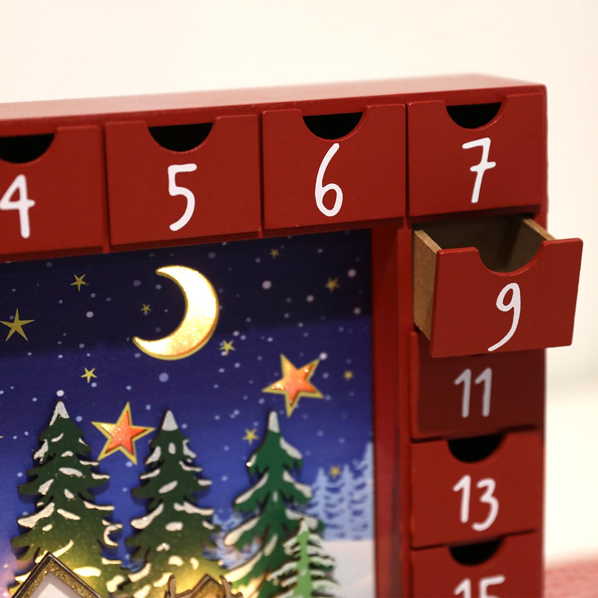 Weihnachten Adventskalender aus Holz mit LED und 24 Schubladen zum Befüllen kleiner Geschenke Countdown bis zur Weihnachtsdekoration