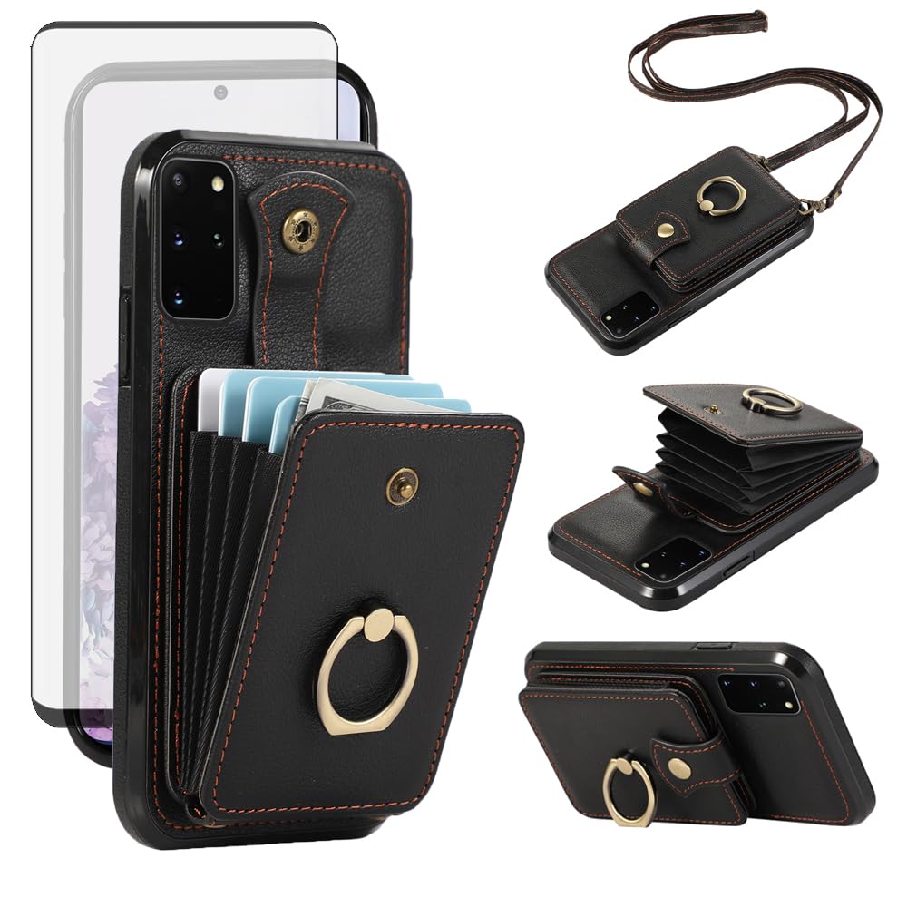 Phone Case for Samsung Galaxy S20 Plus S20+ 5G Wallet Cell Cover with Screen Protector Crossbody Strap Ring Stand RFID Credit Card Holder S20+5G