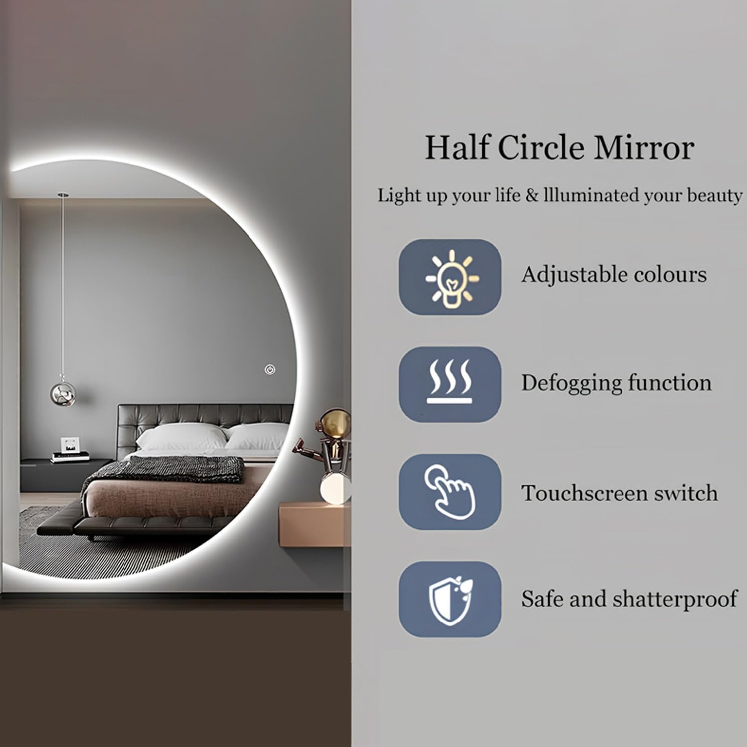 Grande Espejo de Baño - Specchio da bagno a LED, anti-appannamento, design semicircolare, con illuminazione a 3 colori, regolabile, dimensioni 130 x 89 cm