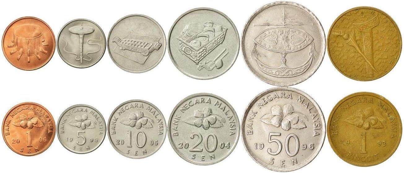 6 Novelty Coin Set from Malaysia | Token Set Collection | Rebana Ubi Drum | Top Spinning | Congkak | Tepak Sirih | Wau Kite | Kris | Made in 1989-2011
