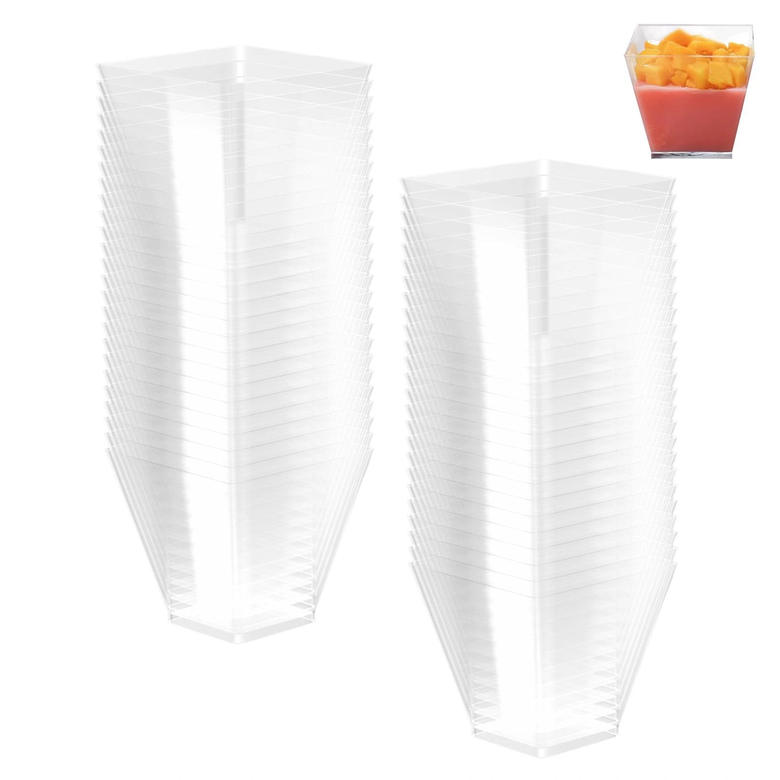 50 Pezzi Finger Food Contenitori Riutilizzabili, Tazze da Dessert Quadrate Trasparenti, Coppette da Dessert con Cucchiai, Tazze Bicchieri da Dessert per Budini, Mousse e Gelati(60 ML/2oz)