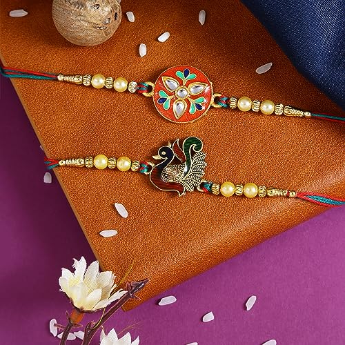 Image of Riddhika Ventures Elegant Traditional Gold Plated Bhaiya Bhabhi Rakhi Set with Roli Chawal and Greeting Card || Traditional Rakhi Set of 2 & Festive Gift
