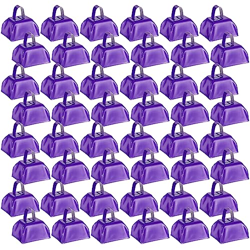 Yeshone 48 Pcs Metal Cowbells with Handles Loud Noise Makers Small Hand Percussion Cowbells for Football Events, Wedding, Graduation Team Cheering(Purple)