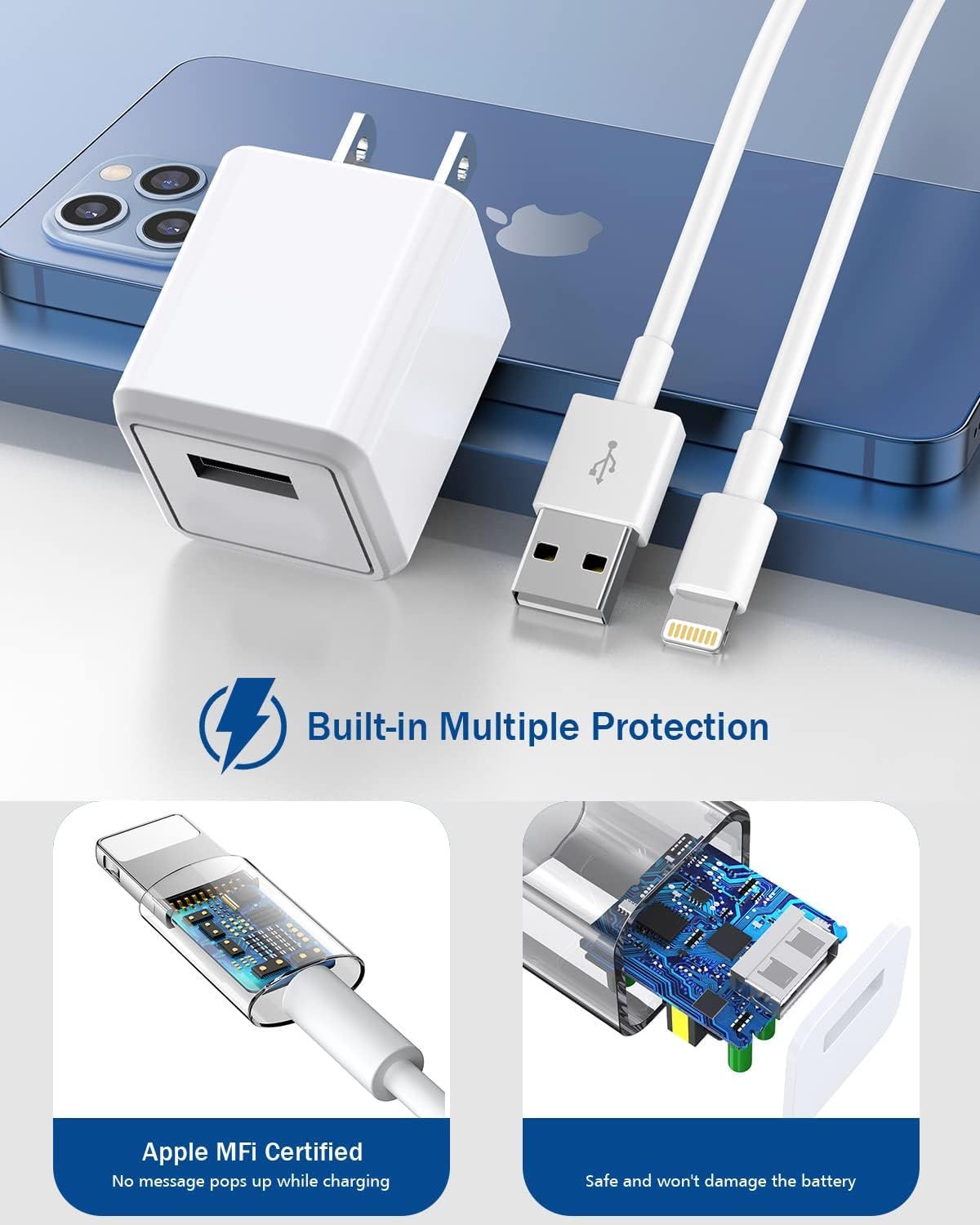 10FT Long iPhone Charger,[Apple MFi Certified] 2Pack 10Foot USB to Lightning Charging Cable Cord USB Wall Phone Charger Power Adapter Travel Plug Block for iPhone 14 13 12 11 Pro Max/SE 2022/X/XR/iPad